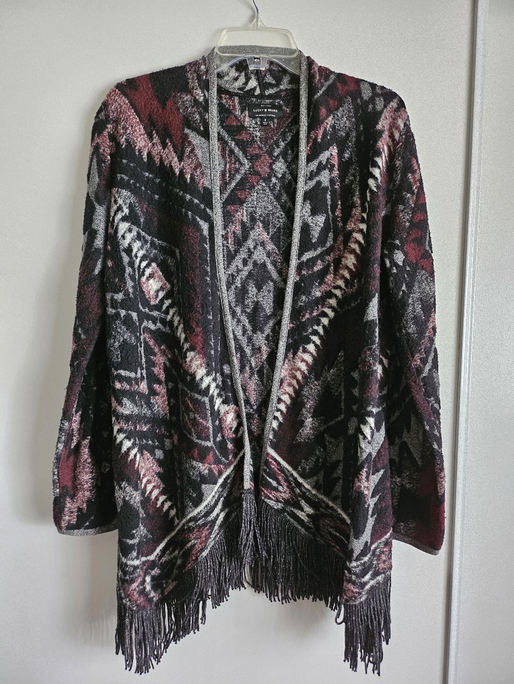Lucky Brand Cardigan Sweater Women M  Aztec Southwestern Fringe Knit Multicolor